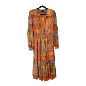 Hale Bob Womens Size Small Orange Multicolor Lace Trim Boho Midi Dress